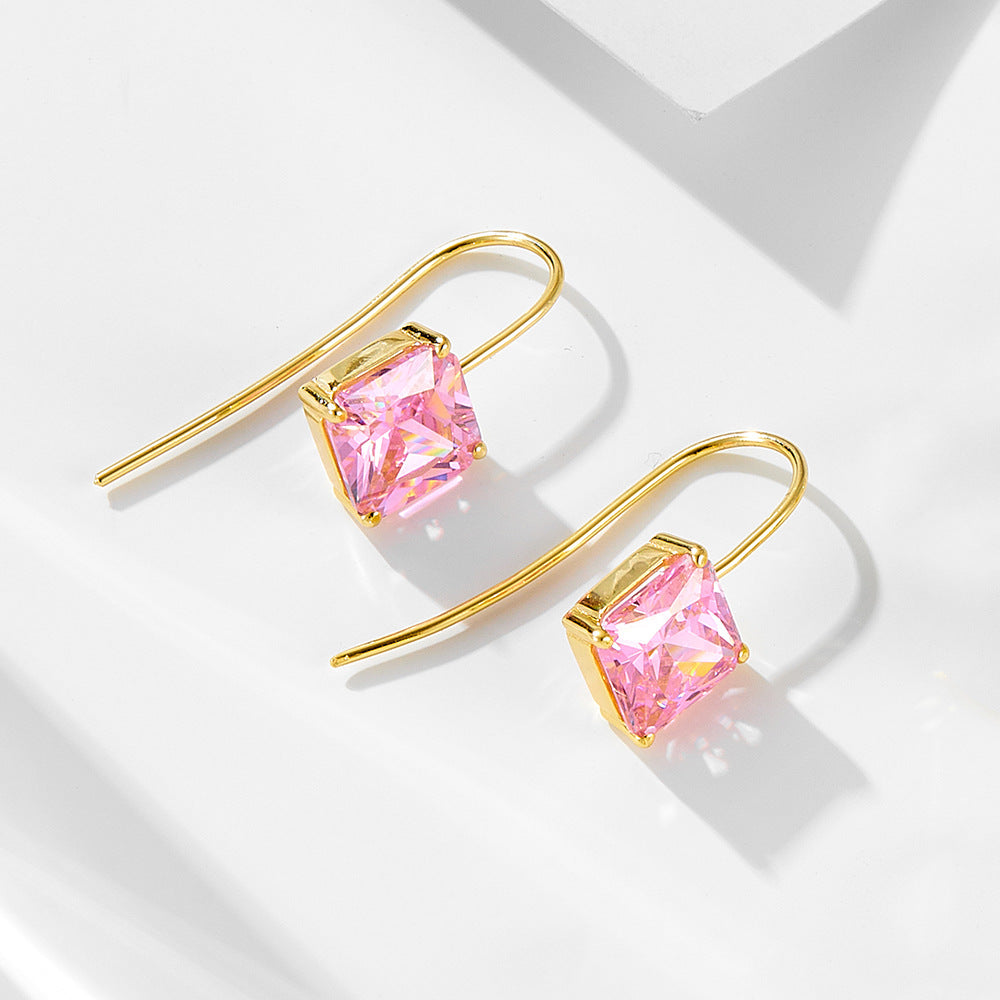 S925 Silver Retro Square Multi-Color Zirconia Earrings - Classic Elegant Dangle