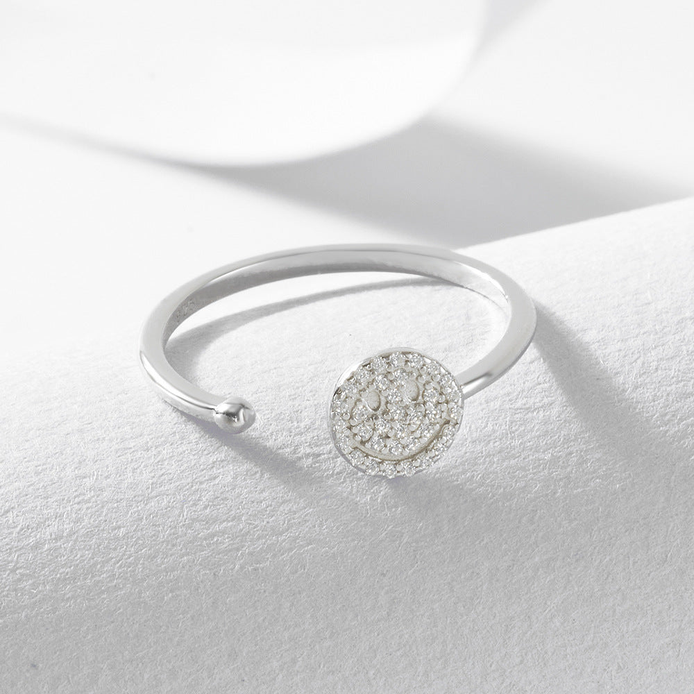 S925 Silver Modern Sparkling Smiley Ring - Adjustable High-End Aesthetic Band