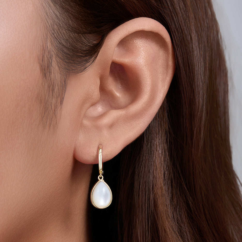925 Sterling Silver Teardrop Natural White Shell Earrings, Minimalist High-End Dangle Jewelry