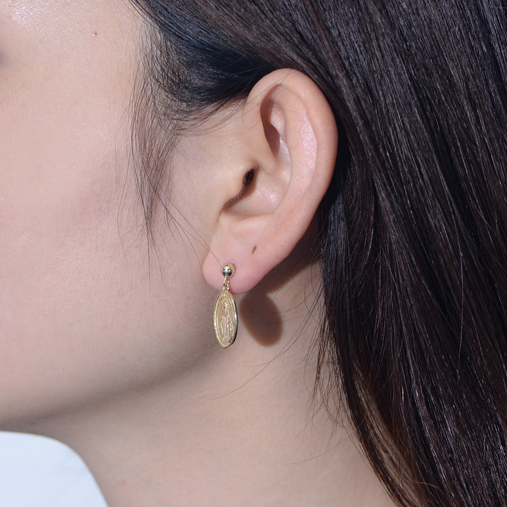 S925 Silver Retro Virgin Mary Portrait Earrings - Elegant Oval Relief Studs