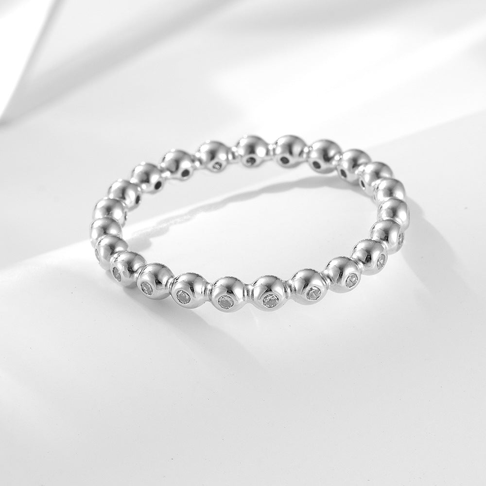 925 Sterling Silver Beaded Zirconia Ring, Minimalist High-End Stackable Jewelry
