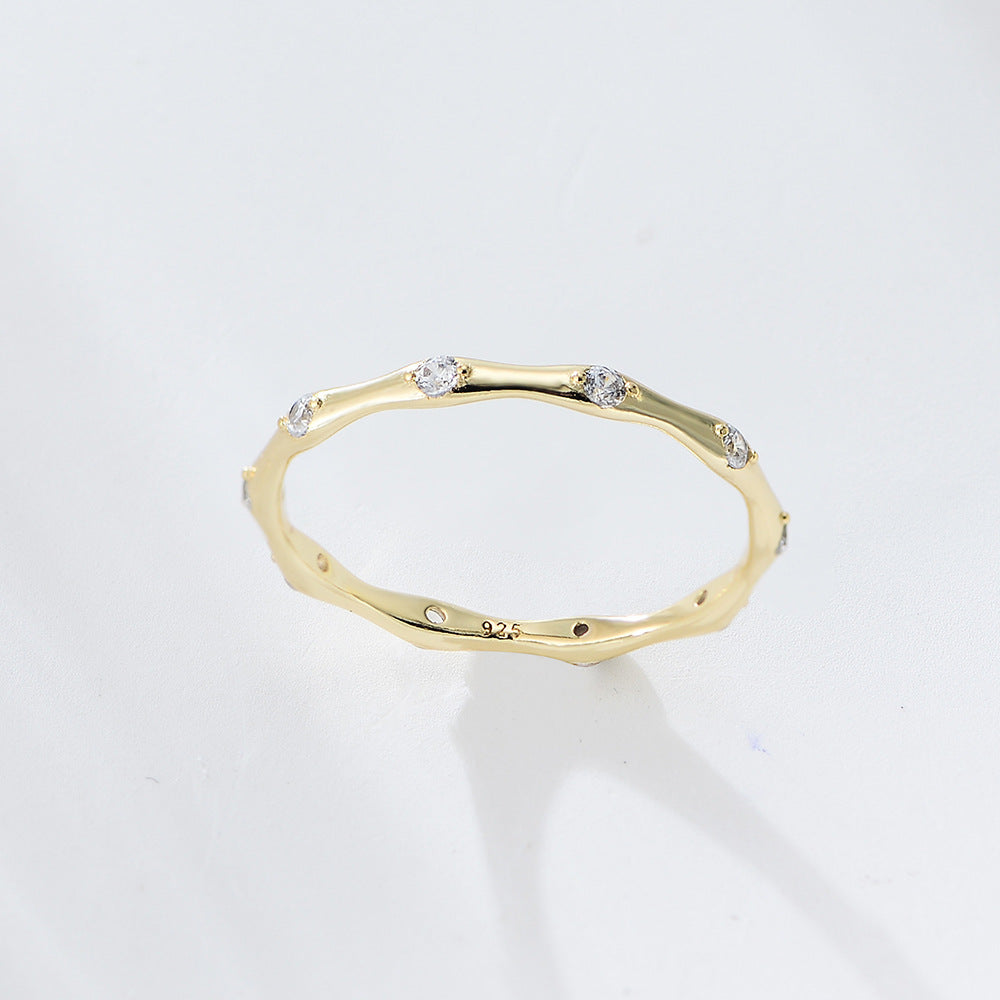 925 Sterling Silver Geometric Bamboo Joint Ring, Minimalist Zirconia High-End Jewelry