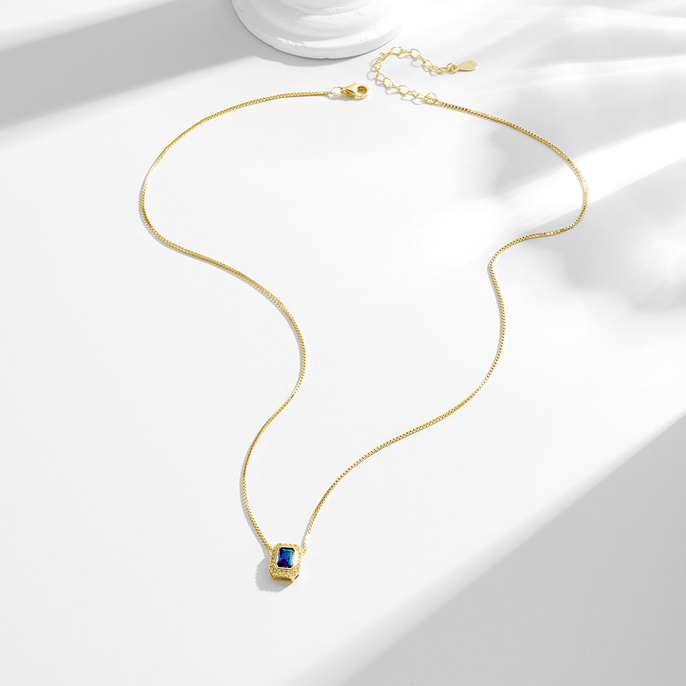 925 Sterling Silver Square Blue Zirconia Pendant Necklace, French Light Luxury High-End Jewelry