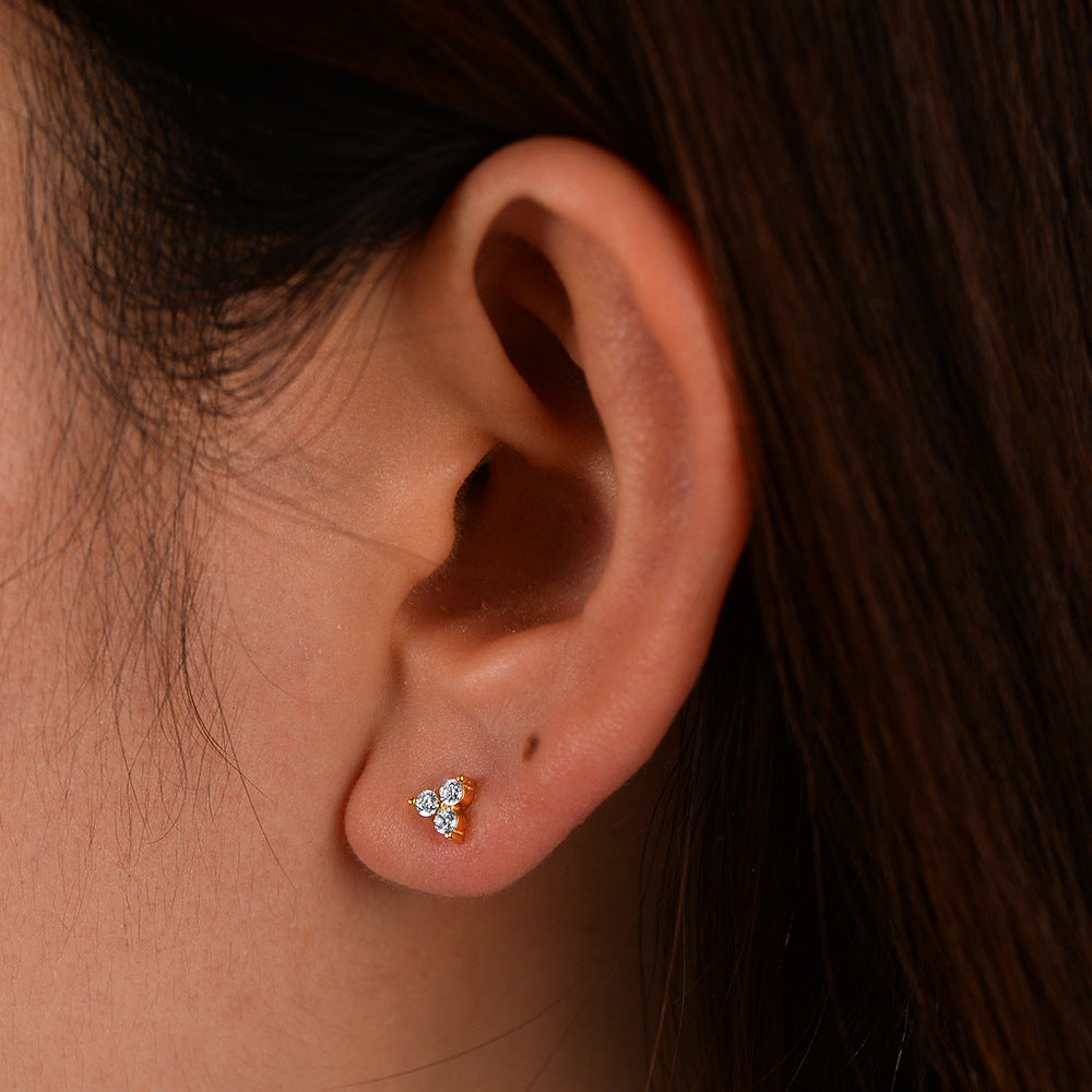 925 Sterling Silver Micro-Pave Zirconia Flower Stud Earrings, Geometric High-End Light Luxury Jewelry