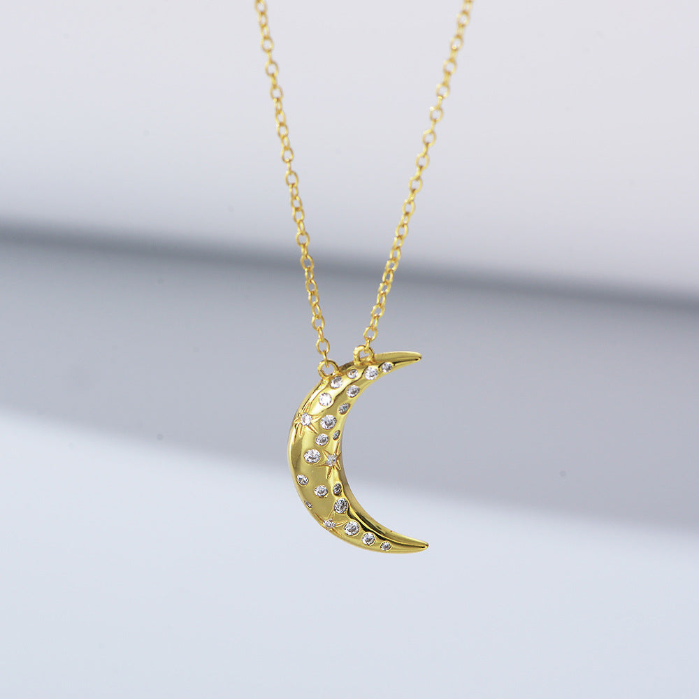 925 Sterling Silver Crescent Moon Pendant Necklace, Sparkling Zirconia Jewelry
