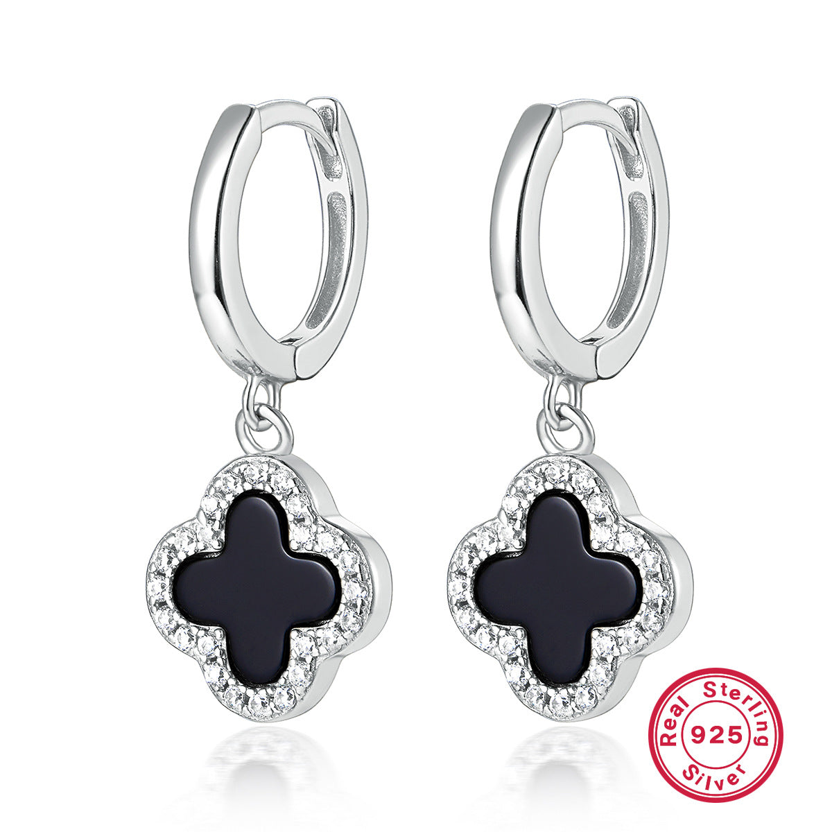 Four Leaf Clover Necklace & Earrings Set - Sterling Silver Black Agate Jewelry Gift