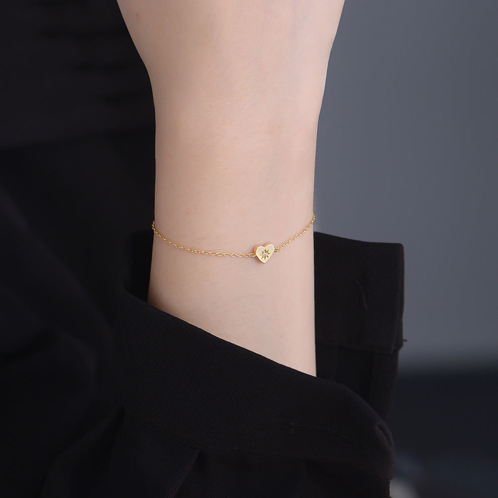925 Sterling Silver 14K Gold Plated Heart Bracelet, Minimalist High-End Love Charm Jewelry