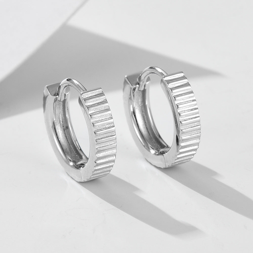 925 Sterling Silver Minimalist Grooved Hoop Earrings, High-Polished Striped Texture Huggie Jewelry