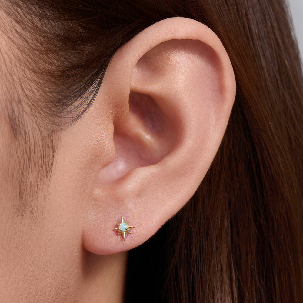 925 Sterling Silver Geometric Opal Labret Stud, Threaded Cartilage Piercing High-End Trendy Jewelry