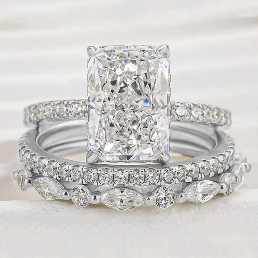 925 Sterling Silver Ice Flower Cut Zirconia Ring Set, High-End Light Luxury Ins Style Stacking Jewelry