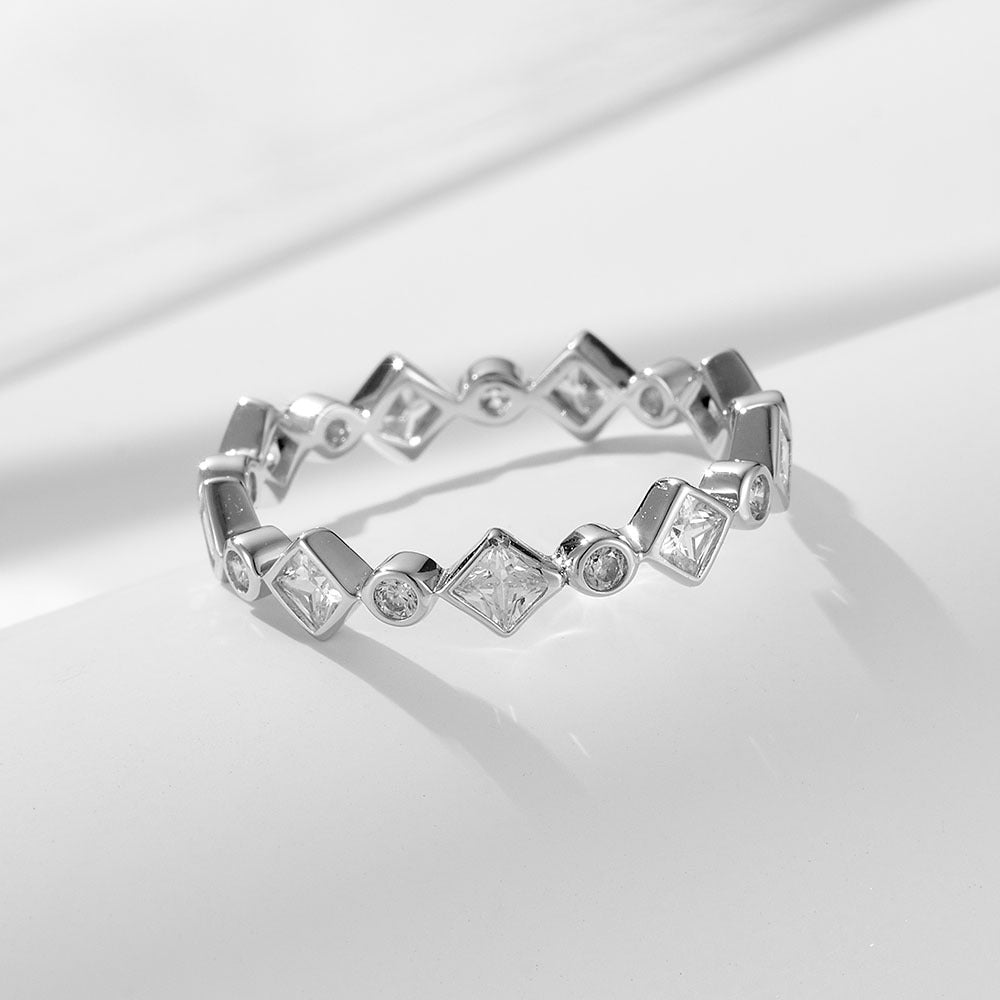 Sterling Silver Sparkling Geometric Rhombus Eternity Ring for Women, Elegant Versatile Jewelry