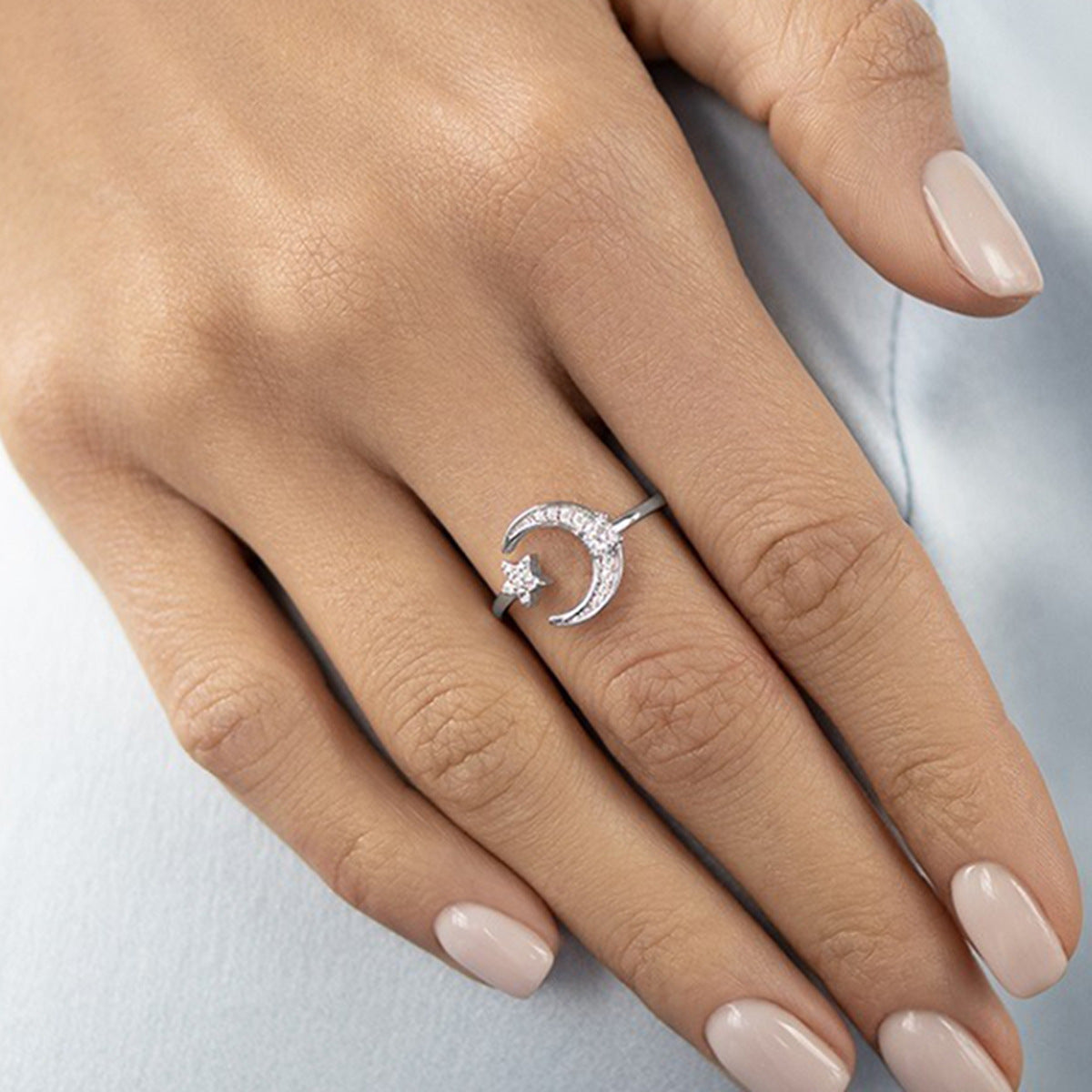 Star Moon Zircon Ring - 925 Silver Adjustable Light Luxury Jewelry