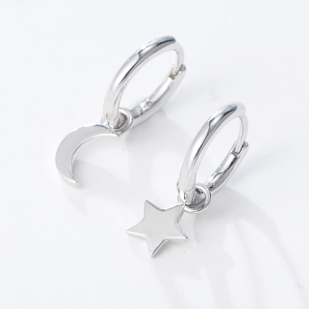 925 Sterling Silver Asymmetric Star and Moon Drop Earrings, Gold-Plated Trendy Aesthetic Jewelry