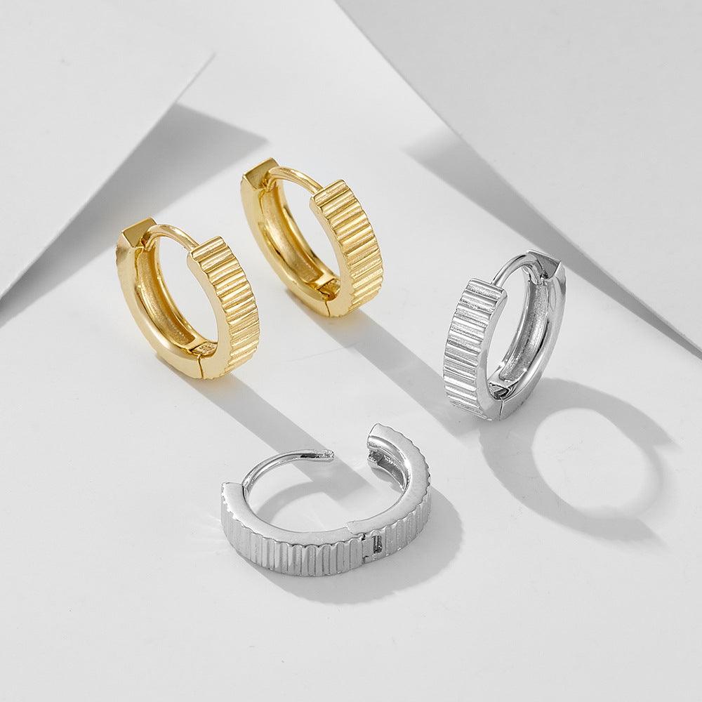 925 Sterling Silver Minimalist Grooved Hoop Earrings, High-Polished Striped Texture Huggie Jewelry