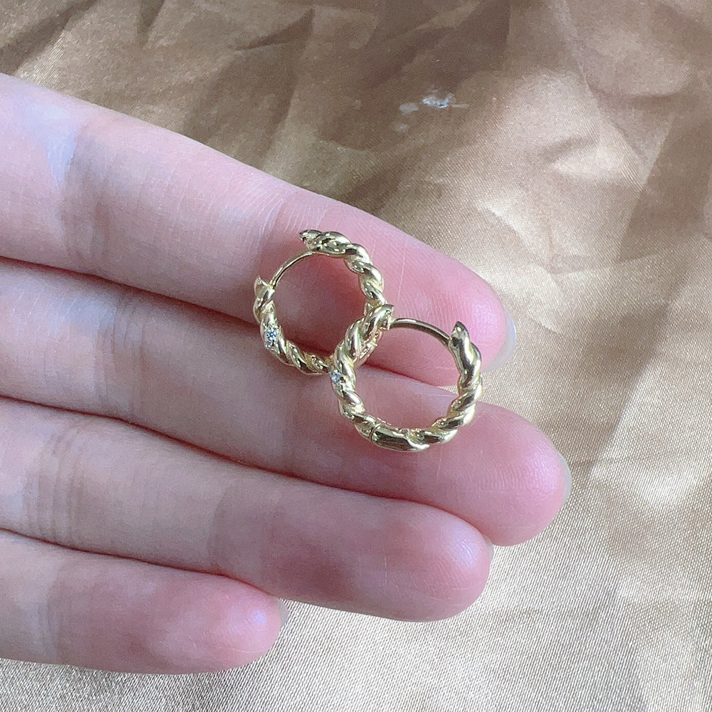 925 Sterling Silver Twisted Rope Hoop Earrings, Gold Plated Zirconia Huggie Hoops, Minimalist Geometric Ear Buckles, Hypoallergenic Jewelry for Women