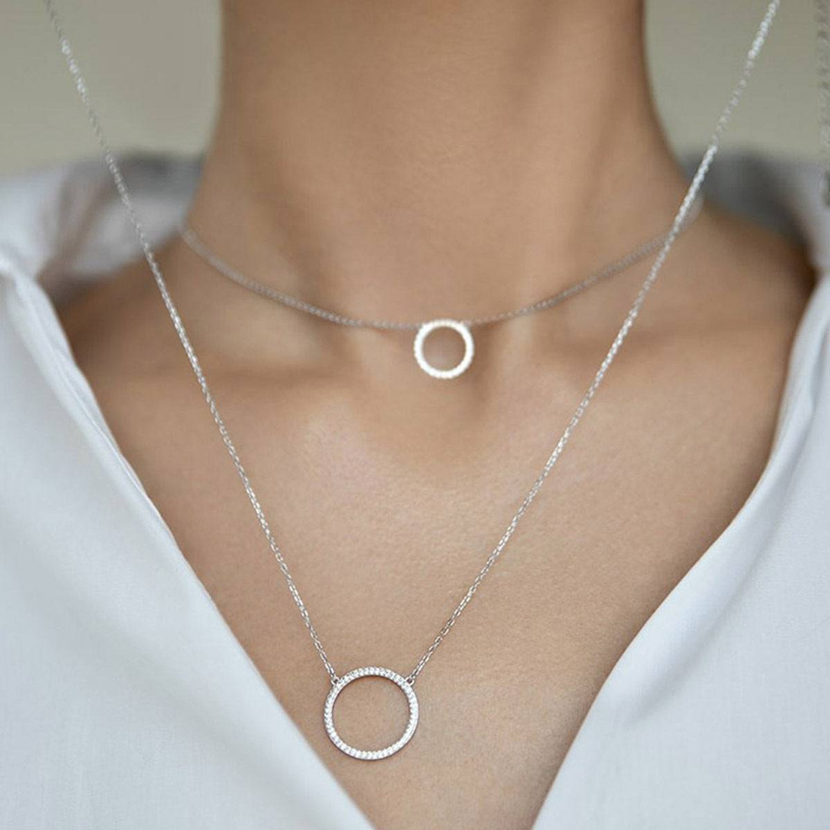 Zircon Circle Necklace Set - 925 Silver Geometric Layered Jewelry