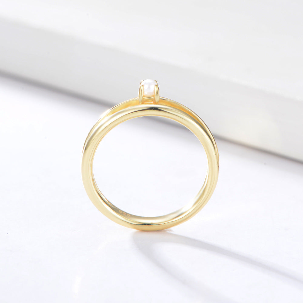 925 Sterling Silver Double Layer Pearl Ring, Minimalist Open Band
