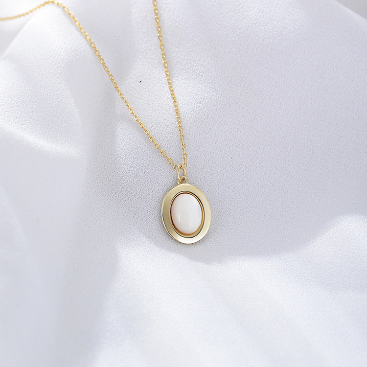 925 Sterling Silver Natural White Mother of Pearl Oval Necklace, Vintage Jewelry