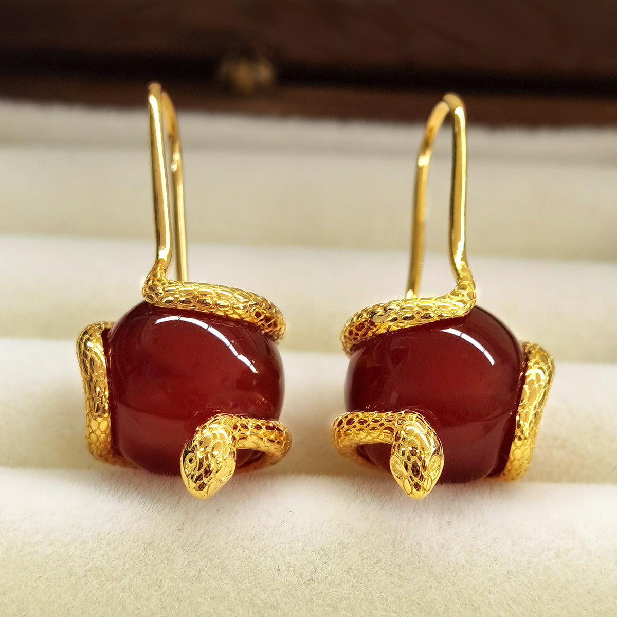 Serpentine Agate Ear Hooks - S925 Silver Retro High-End Banquet Earrings