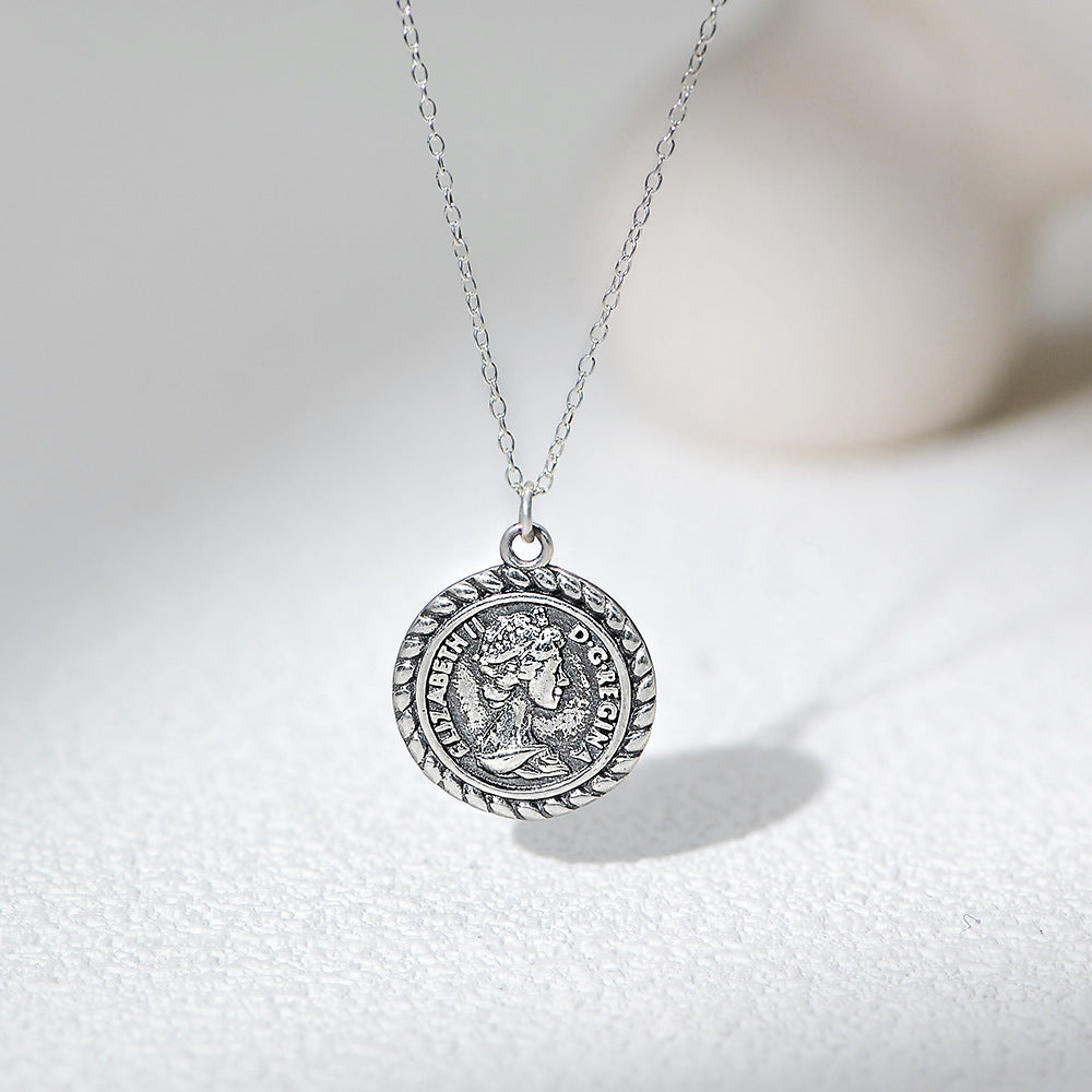 Sterling Silver Elegant Queen Portrait Coin Necklace for Women, Versatile Aesthetic Accessory