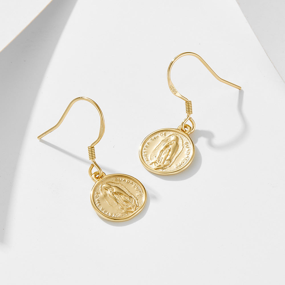 925 Sterling Silver Virgin Mary Coin Drop Earrings, Vintage European & American Style Jewelry