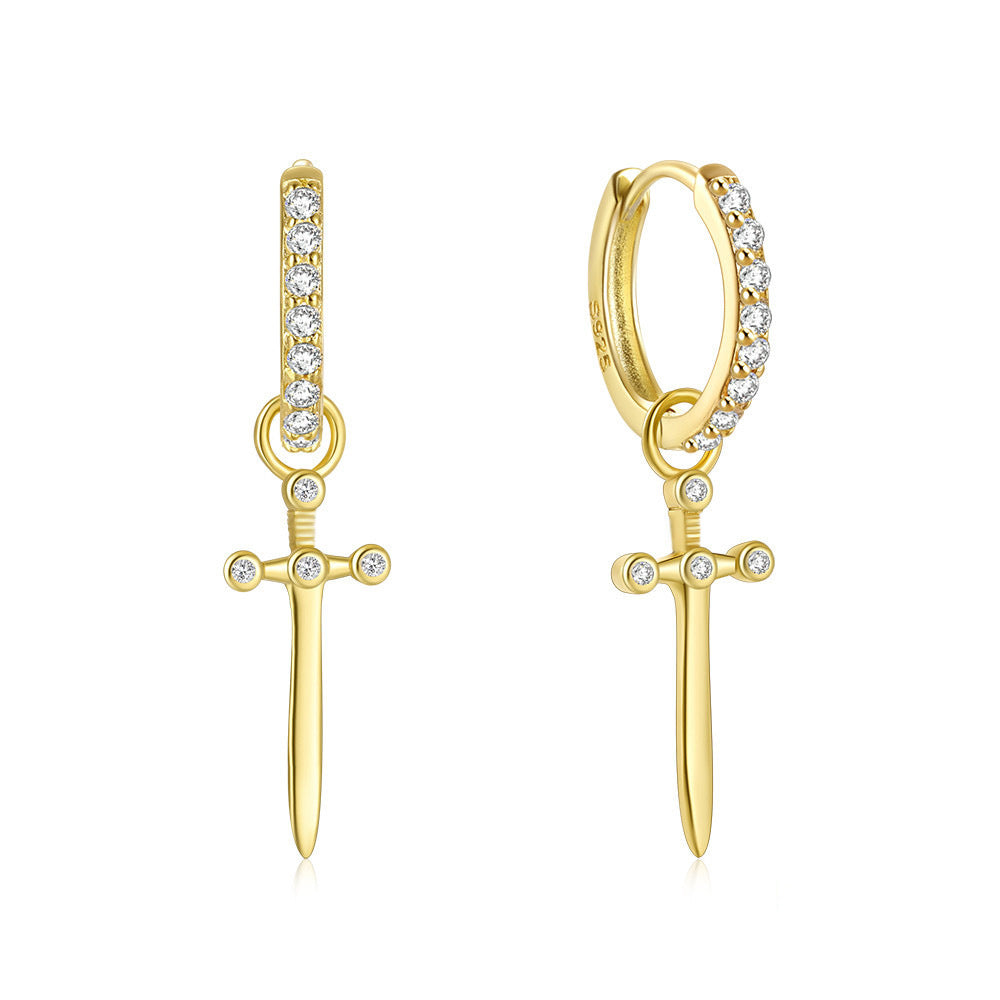 S925 Sterling Silver Cross Dagger Earrings | Light Luxury Zircon Inlay European & American Jewelry
