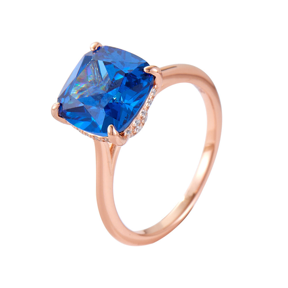 925 Sterling Silver Rose Gold Plated Cushion Cut Blue Zirconia Ring, Luxury Gemstone Jewelry