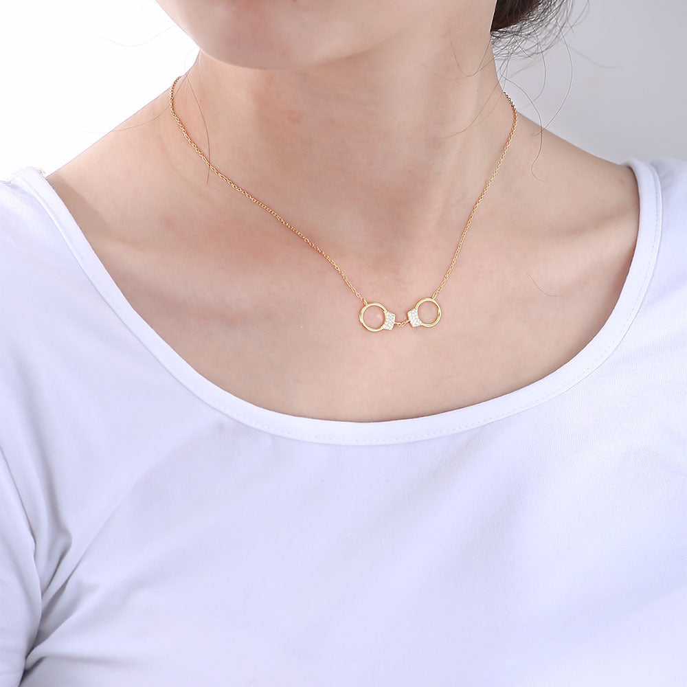925 Sterling Silver Handcuff Necklace, Sparkling Zirconia Pendant
