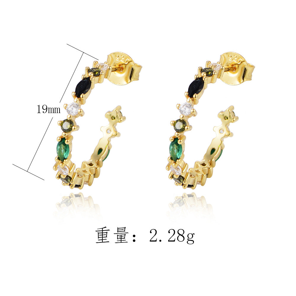 Elegant S925 Silver Rainbow C-Hoops - Chic Aesthetic Colored Zircon Earrings, Modern Luxury Geometric Studs