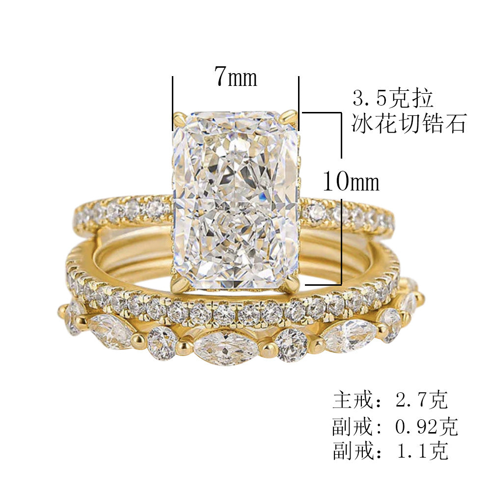 925 Sterling Silver Ice Flower Cut Zirconia Ring Set, High-End Light Luxury Ins Style Stacking Jewelry