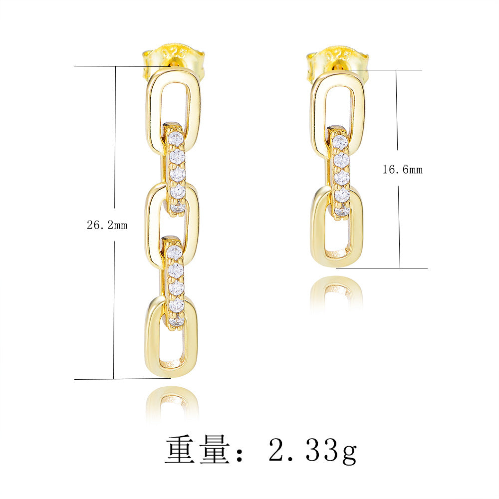 Sterling Silver Pave Zirconia Asymmetric Link Chain Drop Earrings for Women