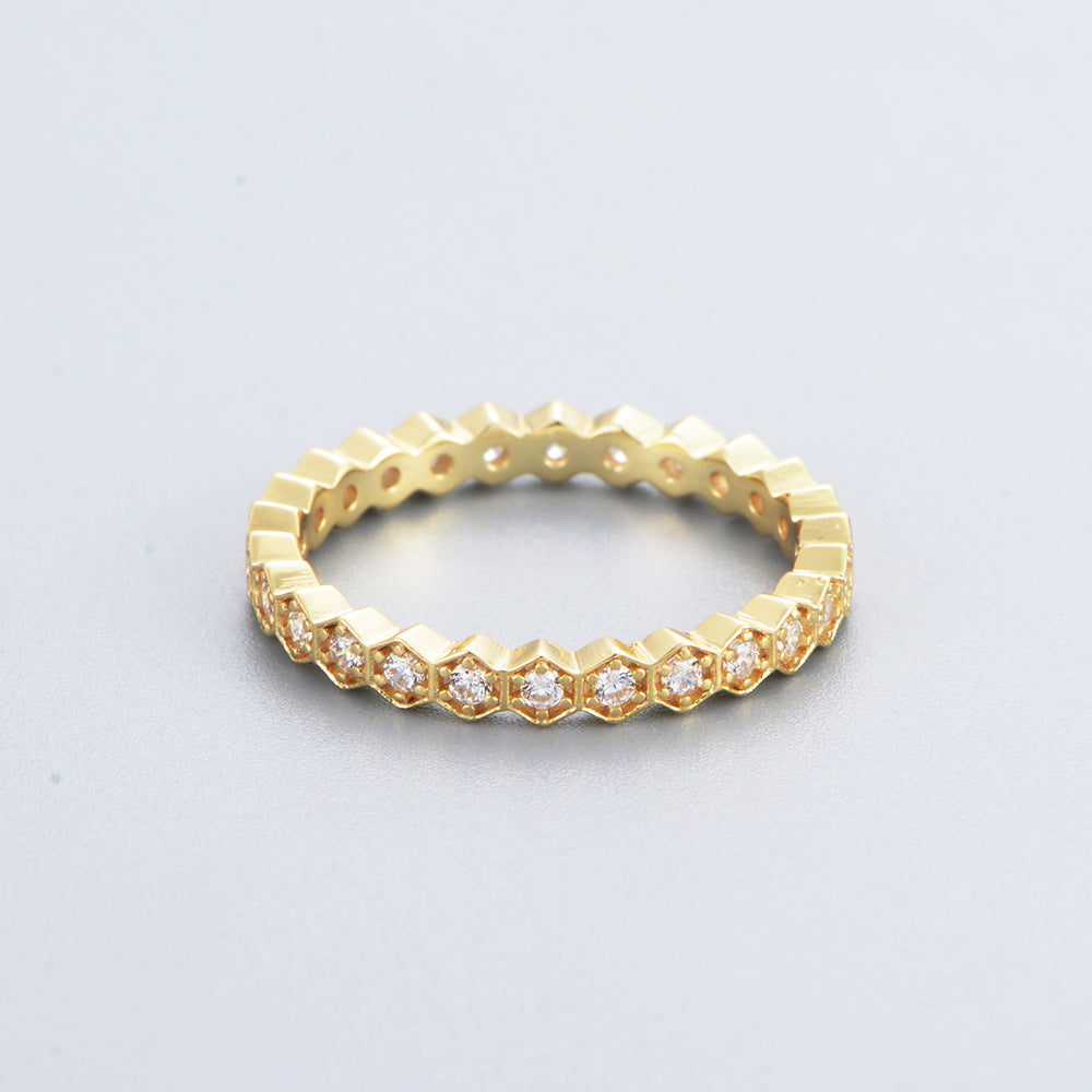 S925 Silver Hexagonal Zirconia Ring Set - Trendy Stackable Band for Women