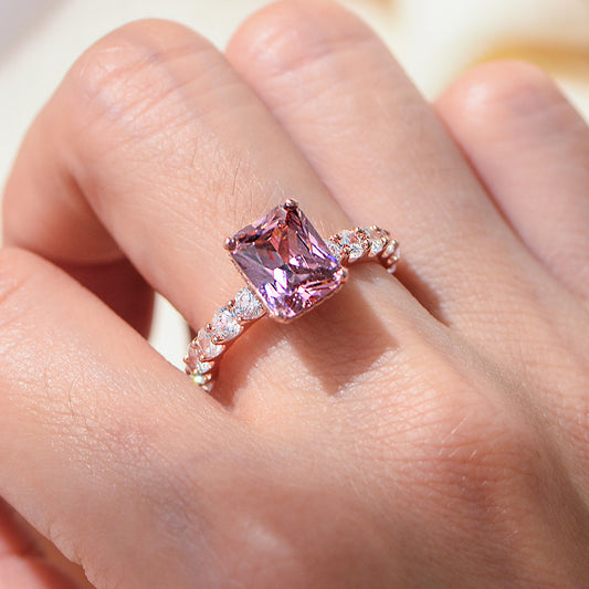 925 Sterling Silver Rose Gold Plated Full Pave Square Zirconia Ring, High-End Ins Style Luxury Jewelry