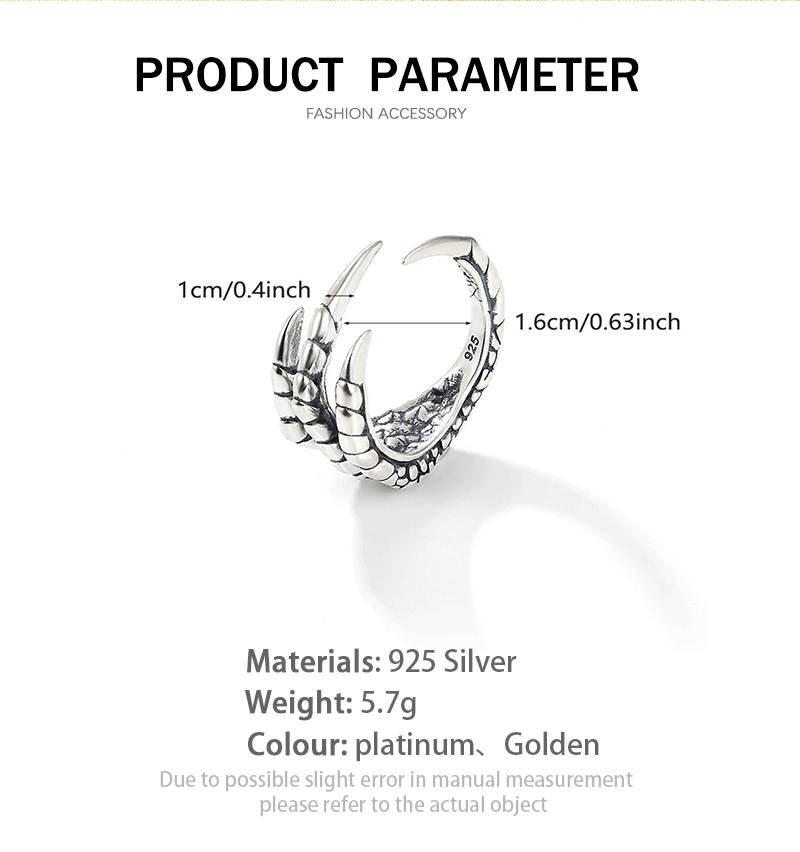 Dragon Claw Adjustable Ring - 925 Silver Halloween Niche Retro