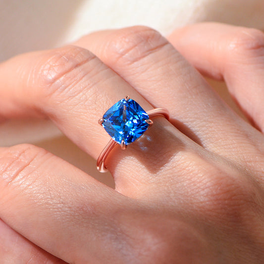 925 Sterling Silver Rose Gold Plated Cushion Cut Blue Zirconia Ring, Luxury Gemstone Jewelry