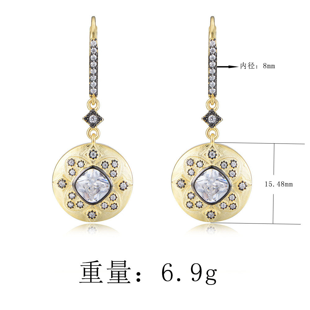 925 Sterling Silver Matte 14K Gold Earrings, Vintage Pave Zirconia
