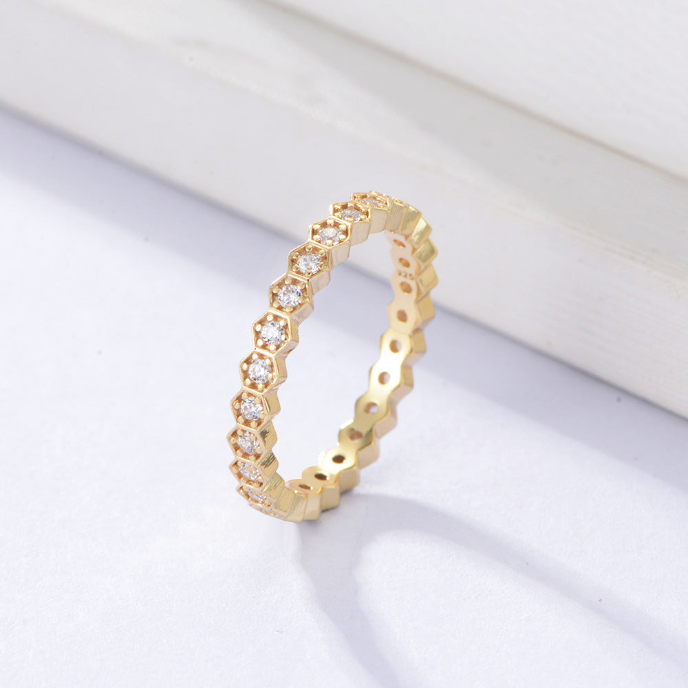S925 Silver Hexagonal Zirconia Ring Set - Trendy Stackable Band for Women