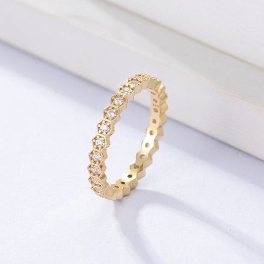 S925 Silver Hexagonal Zirconia Ring Set - Trendy Stackable Band for Women