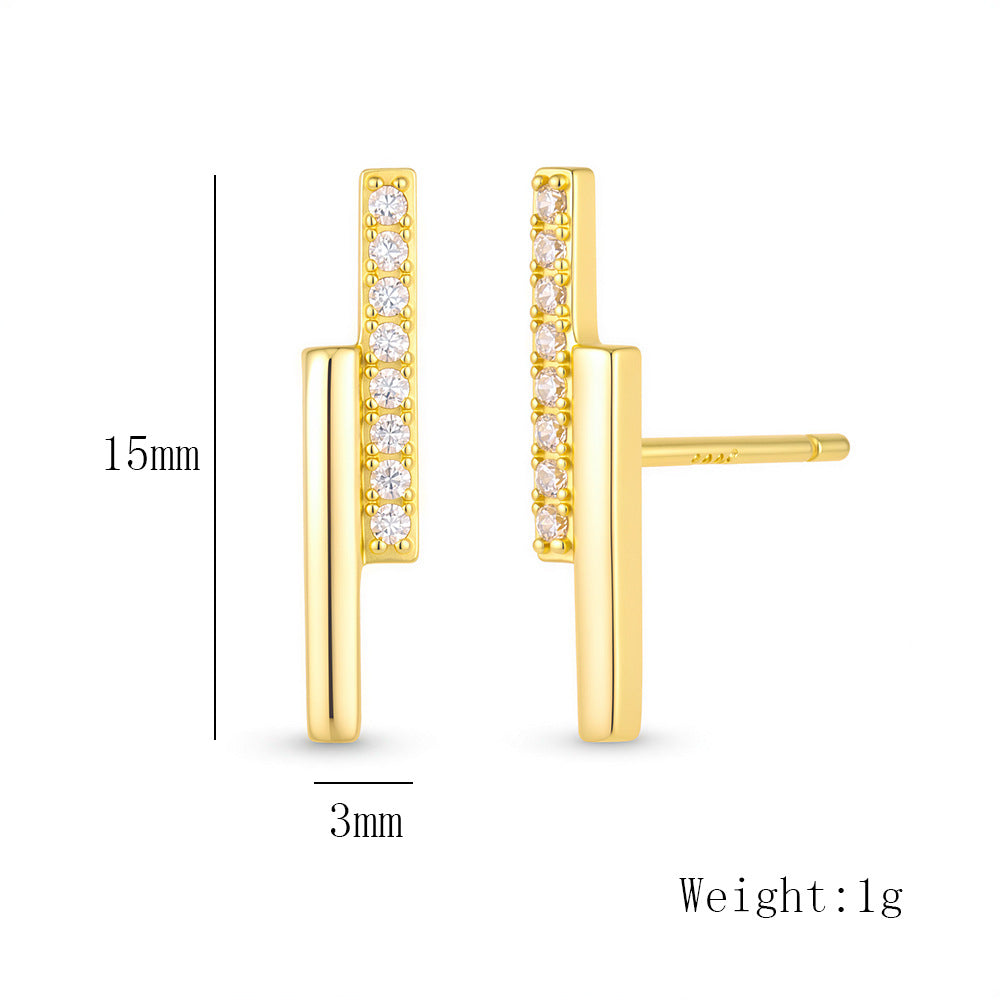 925 Sterling Silver Minimalist Double-Row Bar Stud Earrings, Geometric Line Pave Zirconia Jewelry