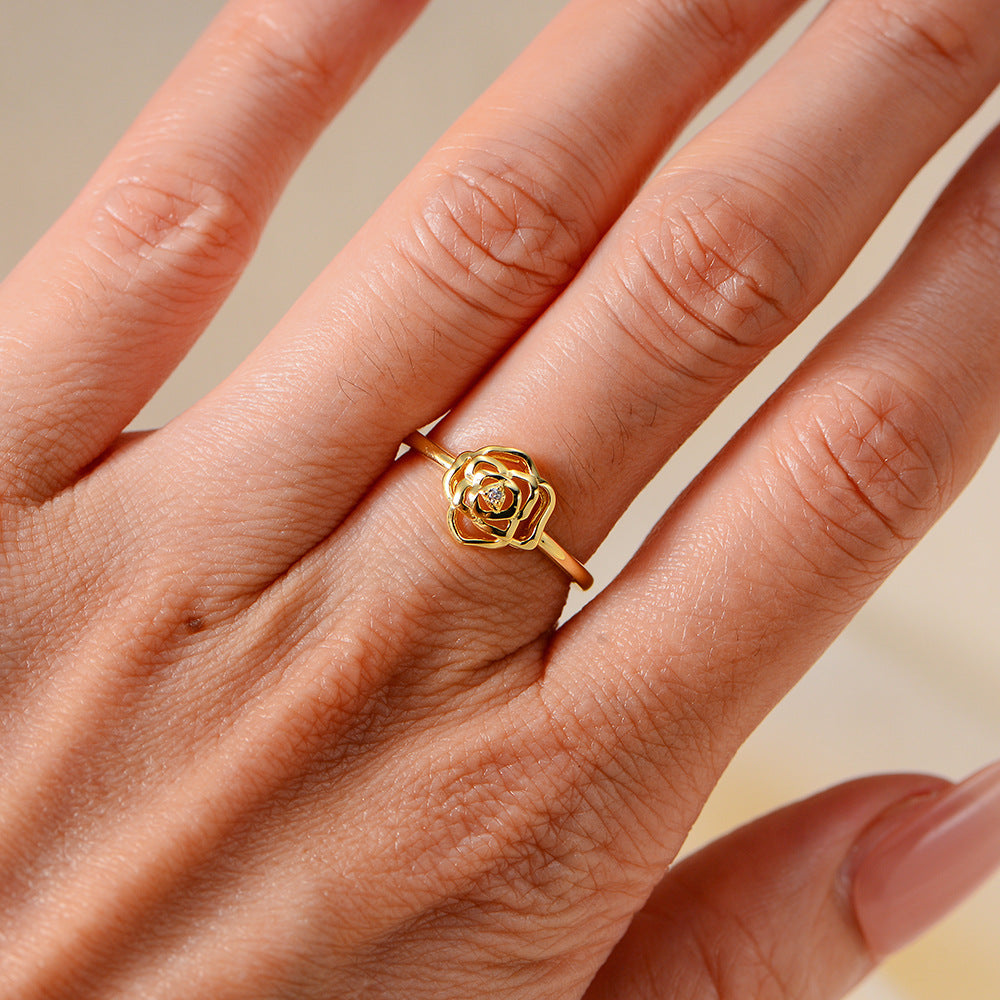 925 Sterling Silver Camellia Flower Ring, French Romantic High-End Design Jewelry