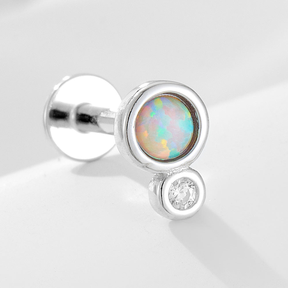 925 Sterling Silver Geometric Opal Labret Stud, Threaded Cartilage Piercing High-End Trendy Jewelry