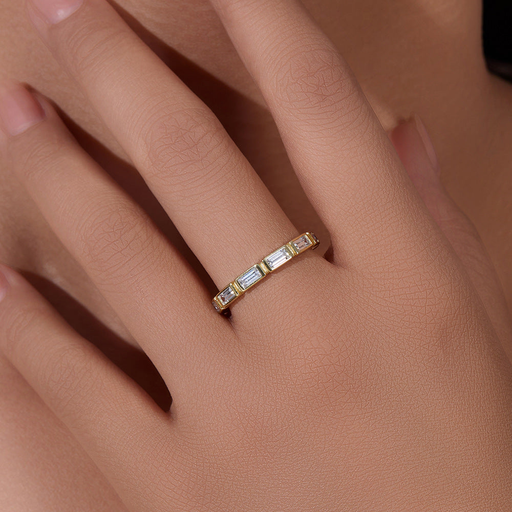 925 Sterling Silver Rectangular Zirconia Geometric Ring, Ins Style Stacking Minimalist Jewelry