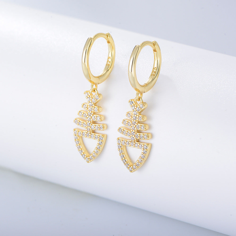 925 Sterling Silver Fish Bone Drop Earrings, Sparkling Zirconia Jewelry
