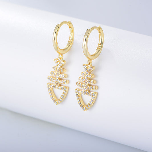 925 Sterling Silver Fish Bone Drop Earrings, Sparkling Zirconia Jewelry