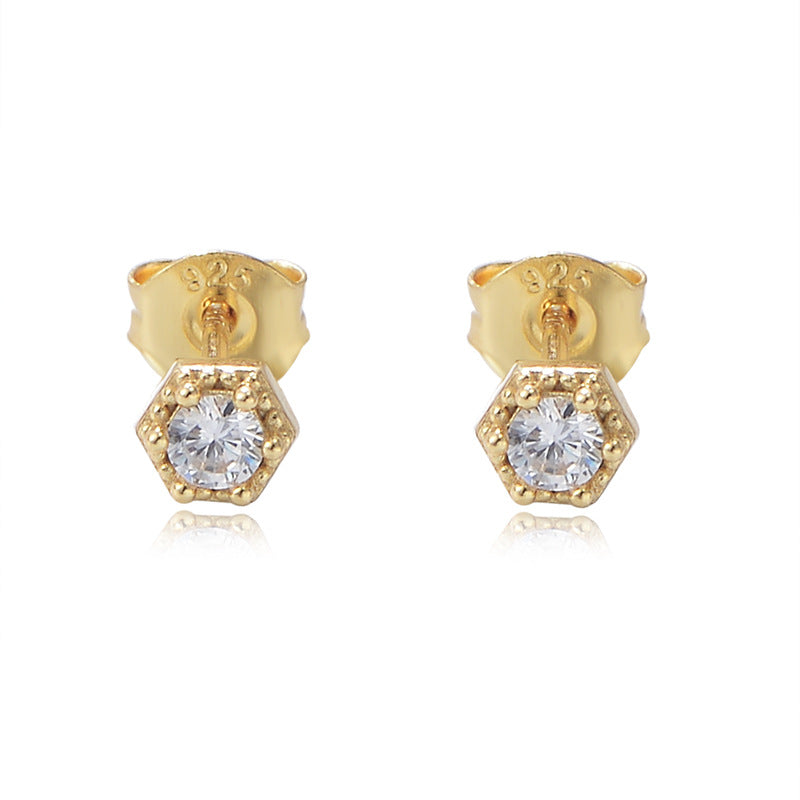 925 Sterling Silver Geometric Hexagon Stud Earrings, Minimalist Solitaire Jewelry