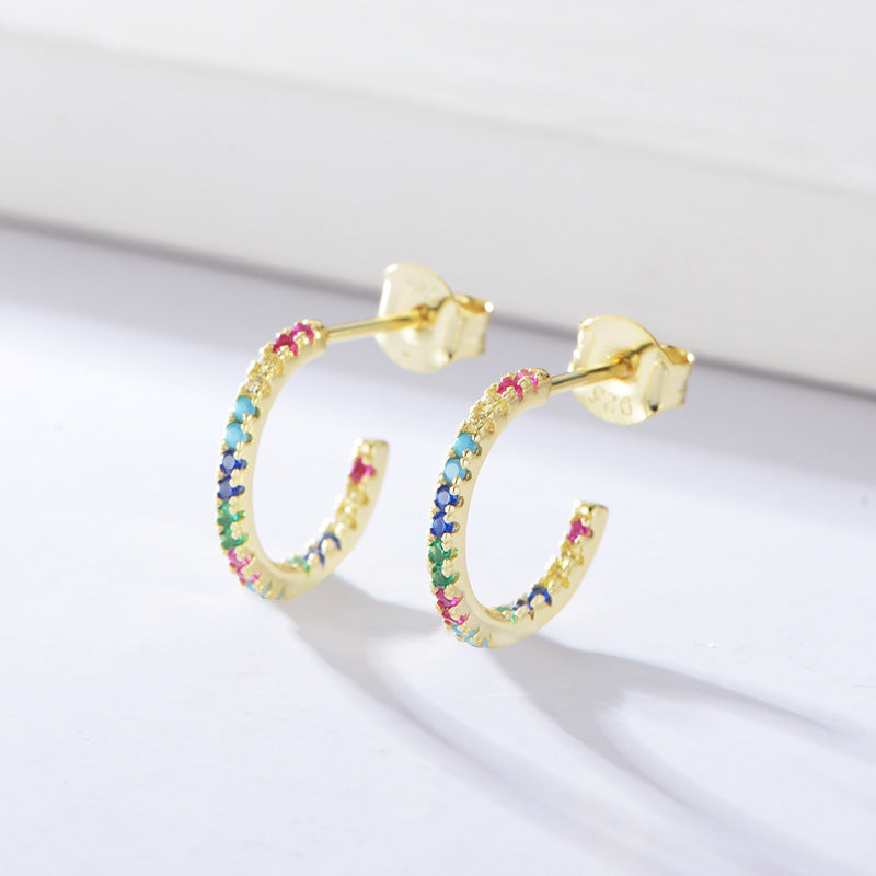 S925 Silver Rainbow C-Shape Earrings, Micro-Pave Zirconia Half Hoops for Women