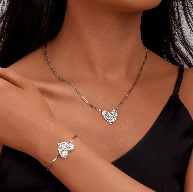 S925 Heart-Textured Necklace & Bracelet Set | Light Luxury Series