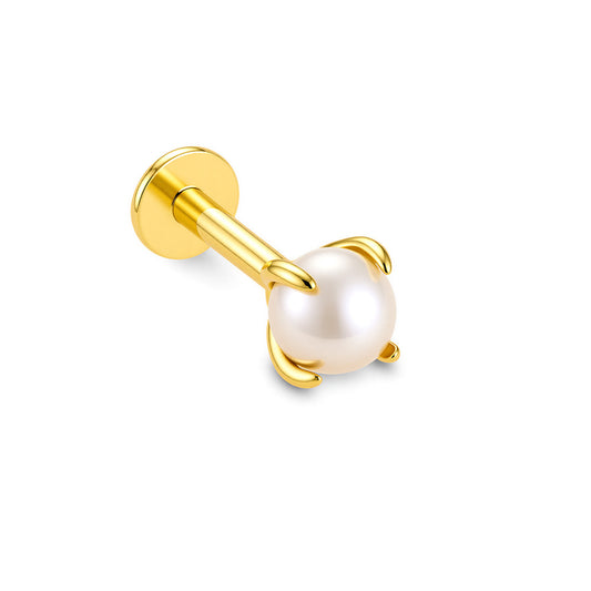 925 Sterling Silver Classic Pearl Flat-Back Labret Stud, Minimalist Threaded Piercing Jewelry