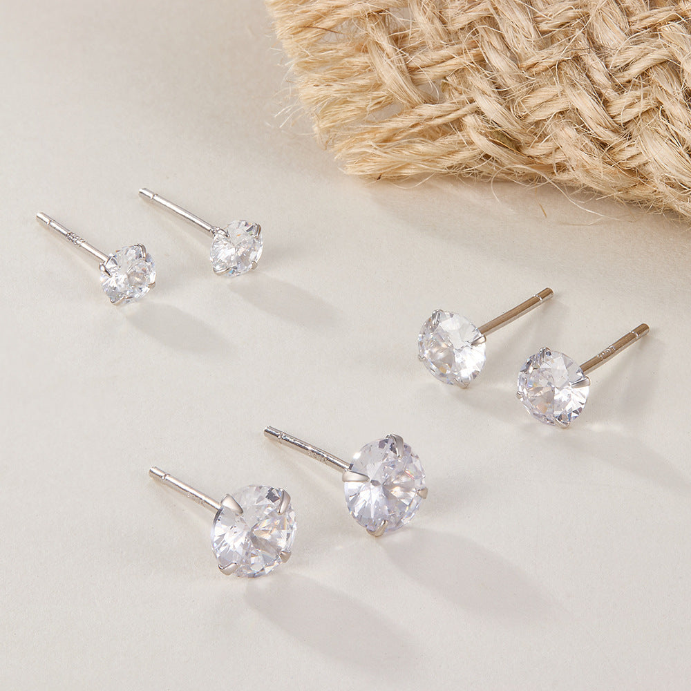 Four Prong Zircon Earrings - 925 Silver Hypoallergenic Studs Wholesale
