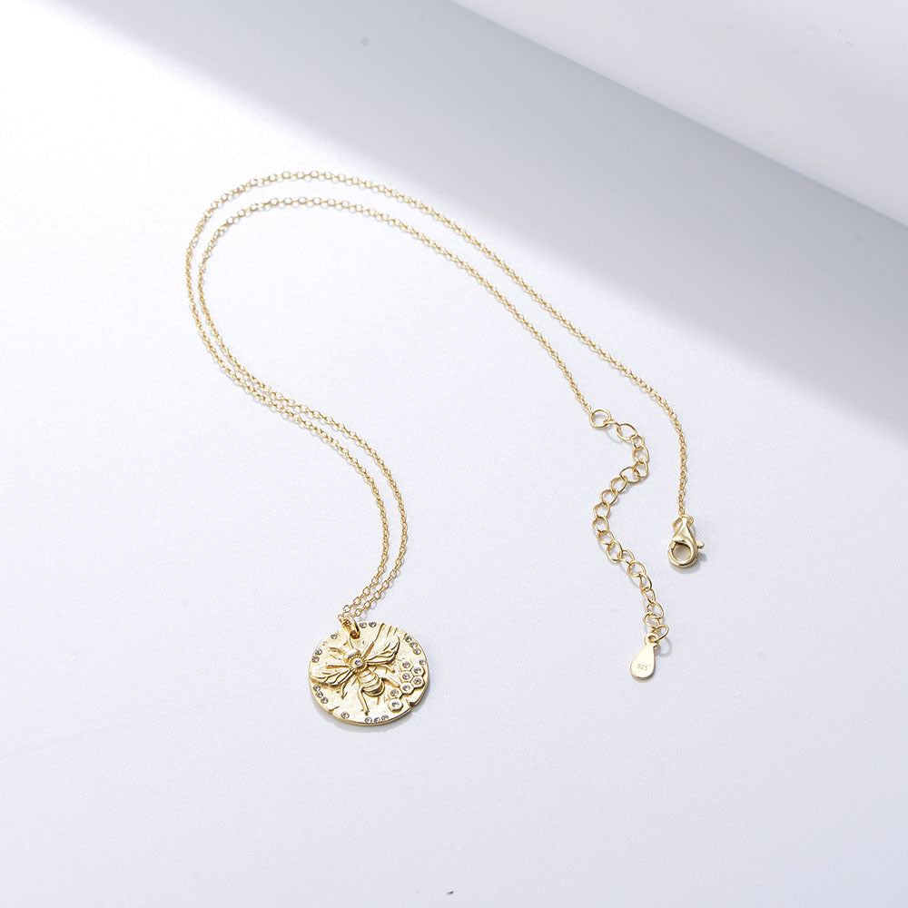 S925 Silver Minimalist Bee Medal Necklace - Dainty Zirconia Choker